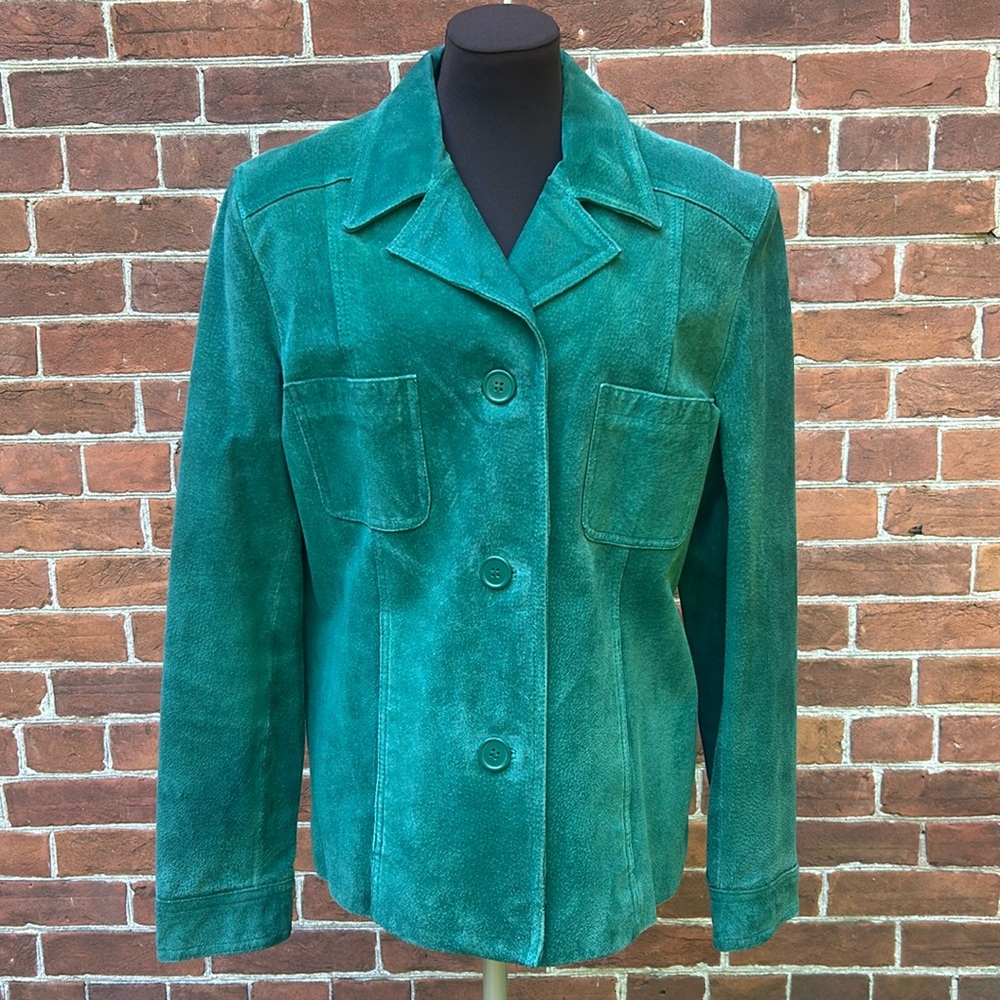 Danier Suede Leather Jacket Pine Green Collared Button Up